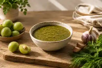 Tkemali-Sauce mit Pflaumen, Kräutern und Knoblauch