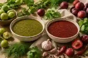 Grüne und rote Tkemali-Sauce mit passenden Pflaumen und Kräutern