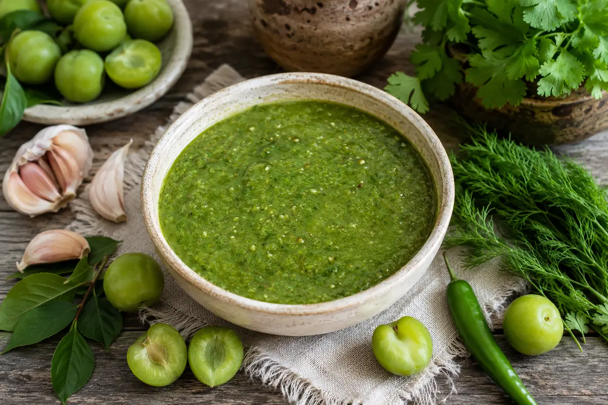 Grüne Tkemali-Sauce mit Pflaumen und frischen Kräutern