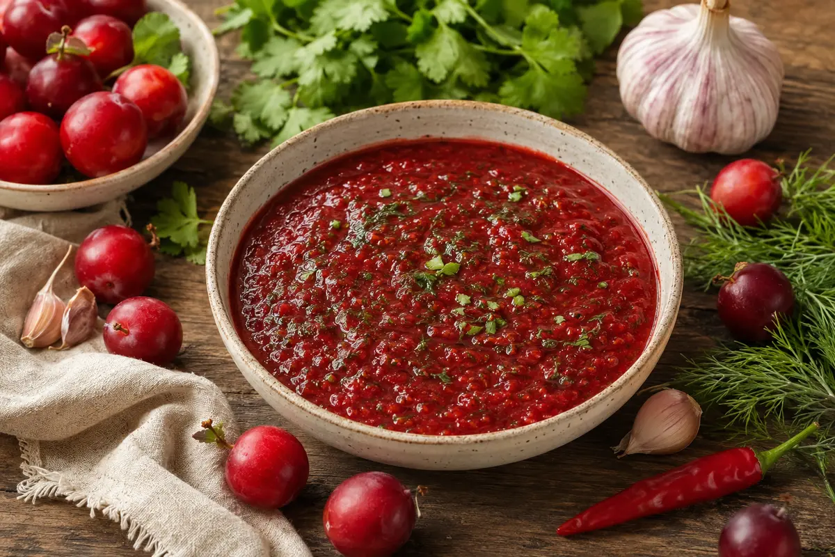 Tkemali-Sauce mit Pflaumen, Knoblauch und Kräutern