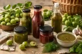Flaschen und Gläser mit grüner und roter Tkemali-Sauce