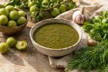 Grüne Tkemali-Sauce mit grünen Pflaumen, Dill, Koriander und Knoblauch