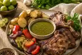 Tkemali-Sauce zu gegrilltem Fleisch, Kartoffeln und Gemüse